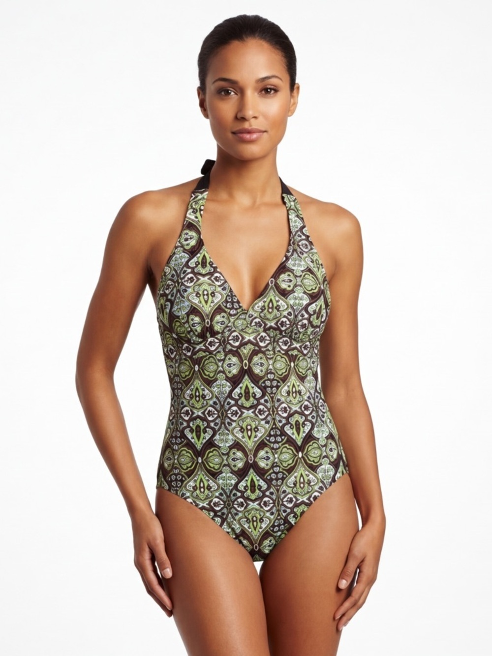 Athleta Green and Black Patterned Halter One-Piece Swimsuit